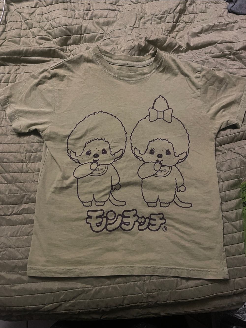 Monchhichi Graphic Tee — Light Sage with Dark Purple Print